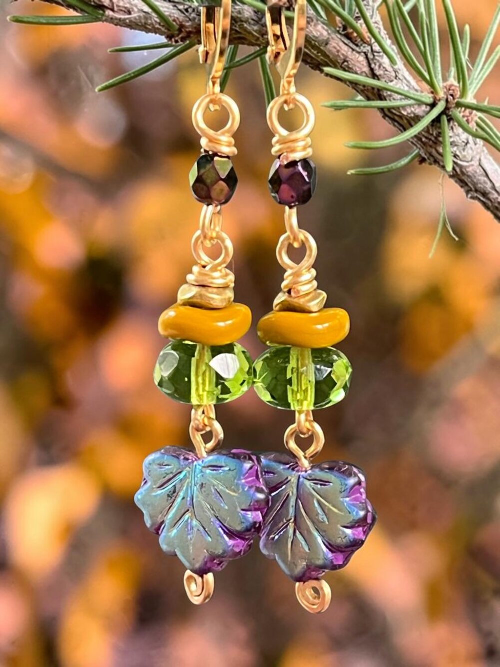 Iridescent Violet Leaf Dangle Earrings | Colorful Boho Fall Earrings
